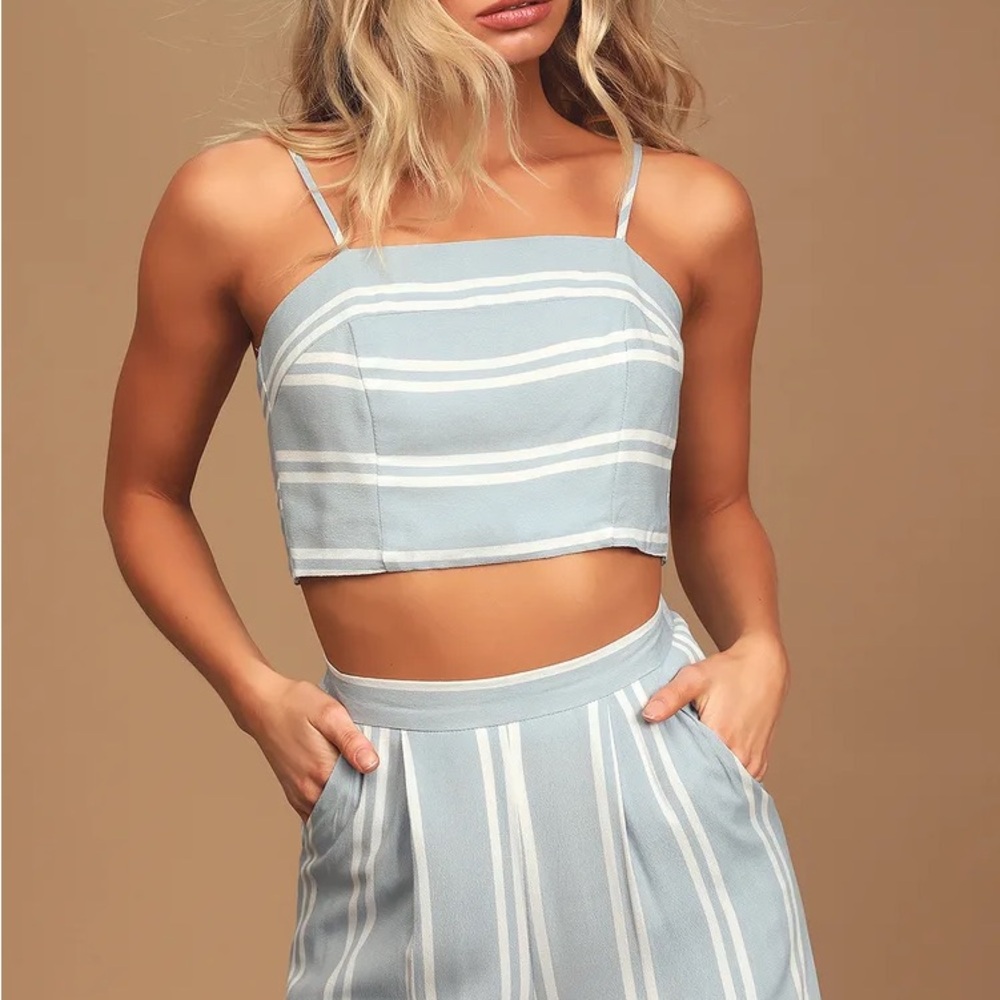 Lulus Coastal Living Light Blue and White Striped Two-Piece Jumpsuit